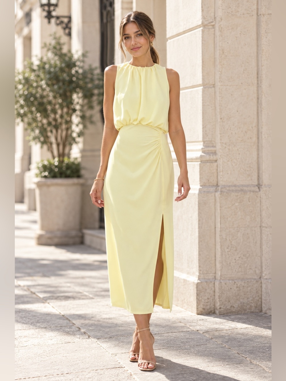 Zara Butter Yellow Ruched Blouson Midi Dress | Large | NWT